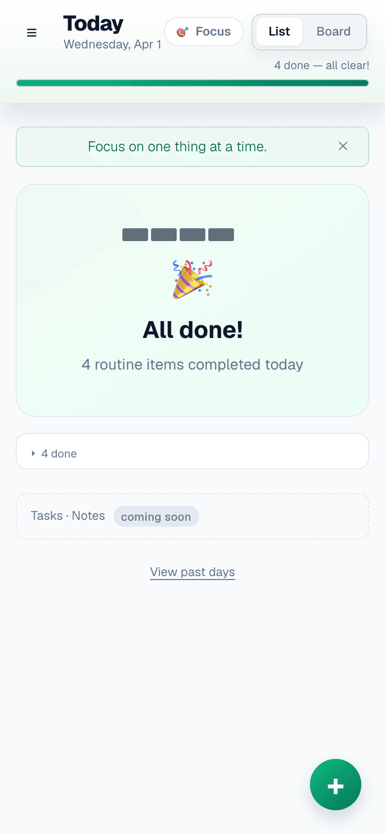 Featherlist all done celebration screen with completion streak tiles