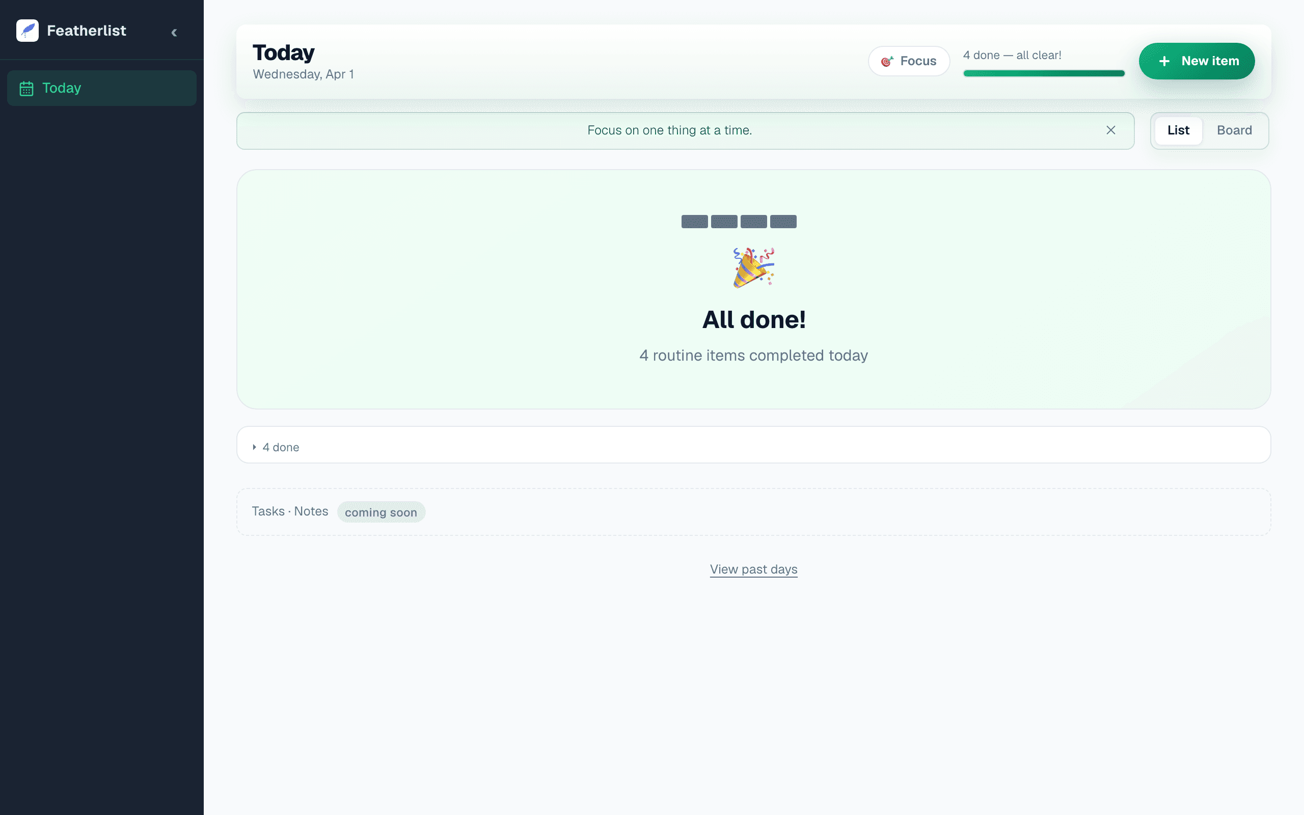 Featherlist all done celebration screen with completion streak tiles