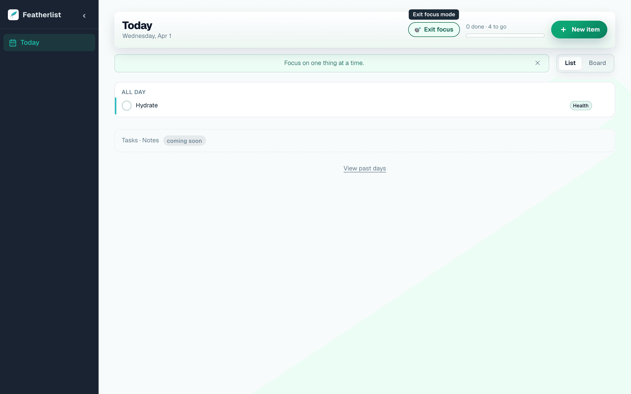 Featherlist focus mode showing full-screen single habit view