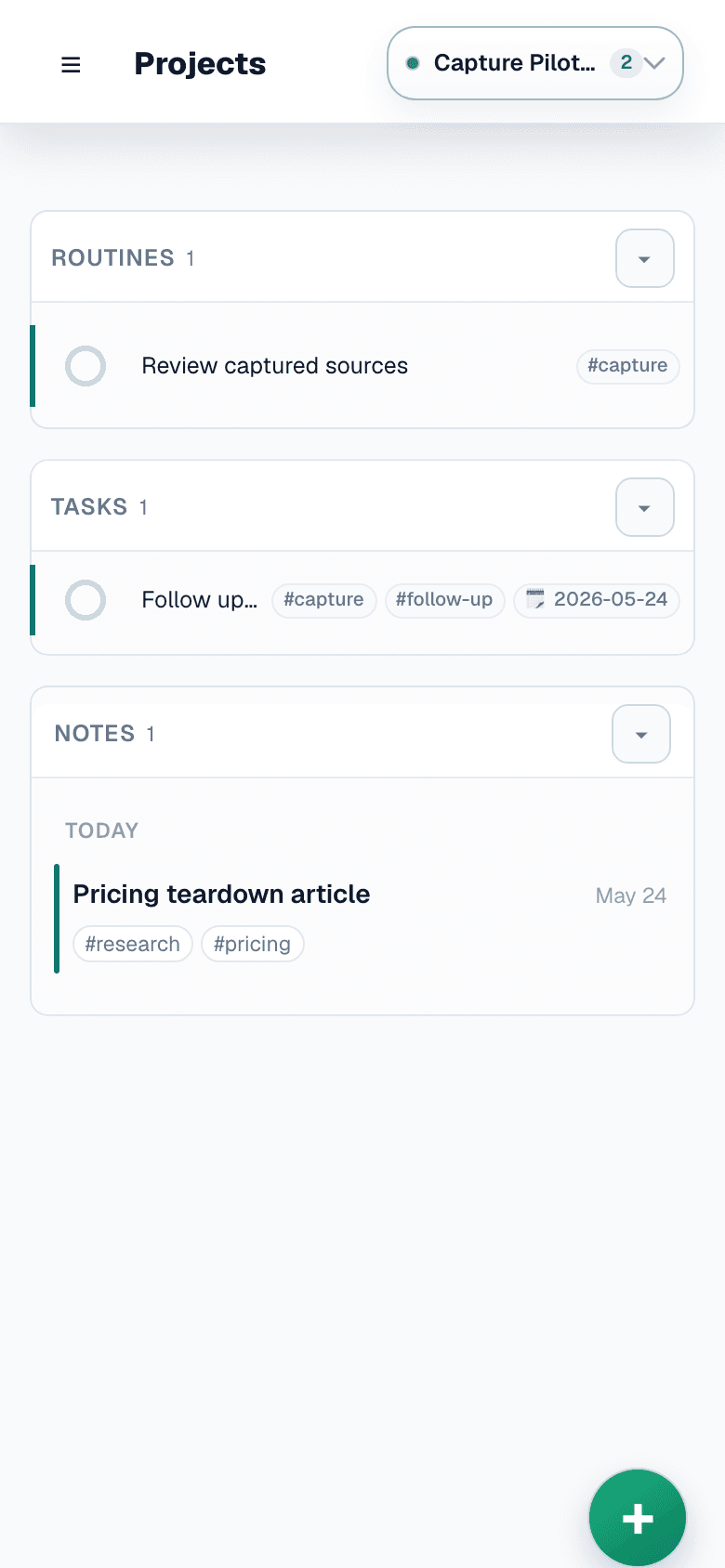 Featherlist project dashboard showing captured routine, task, and note destinations together