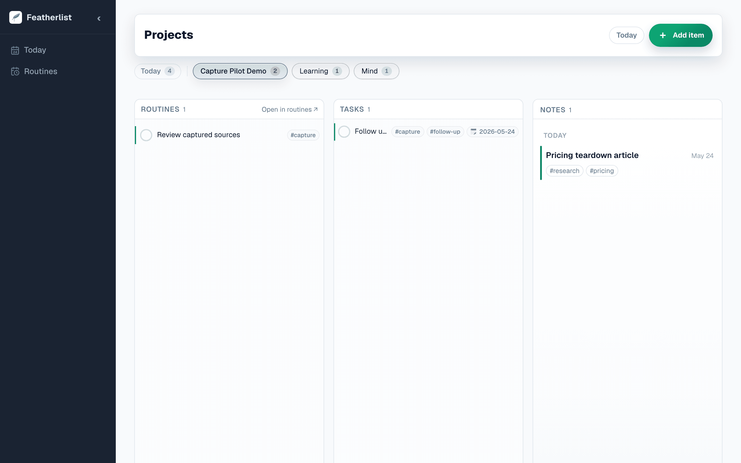 Featherlist project dashboard showing captured routine, task, and note destinations together