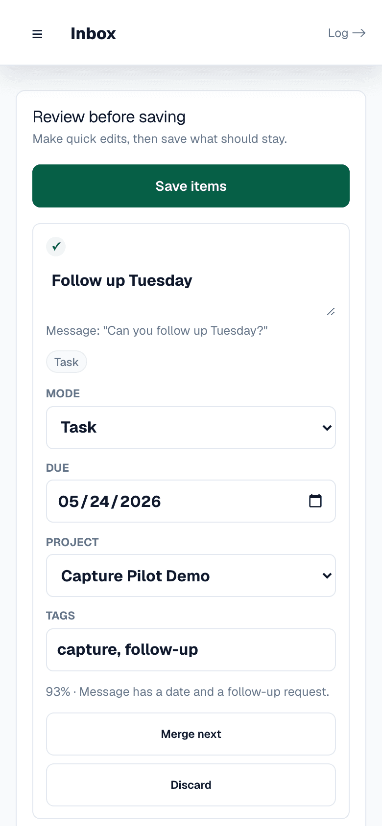Featherlist review queue showing editable task and note suggestions before save