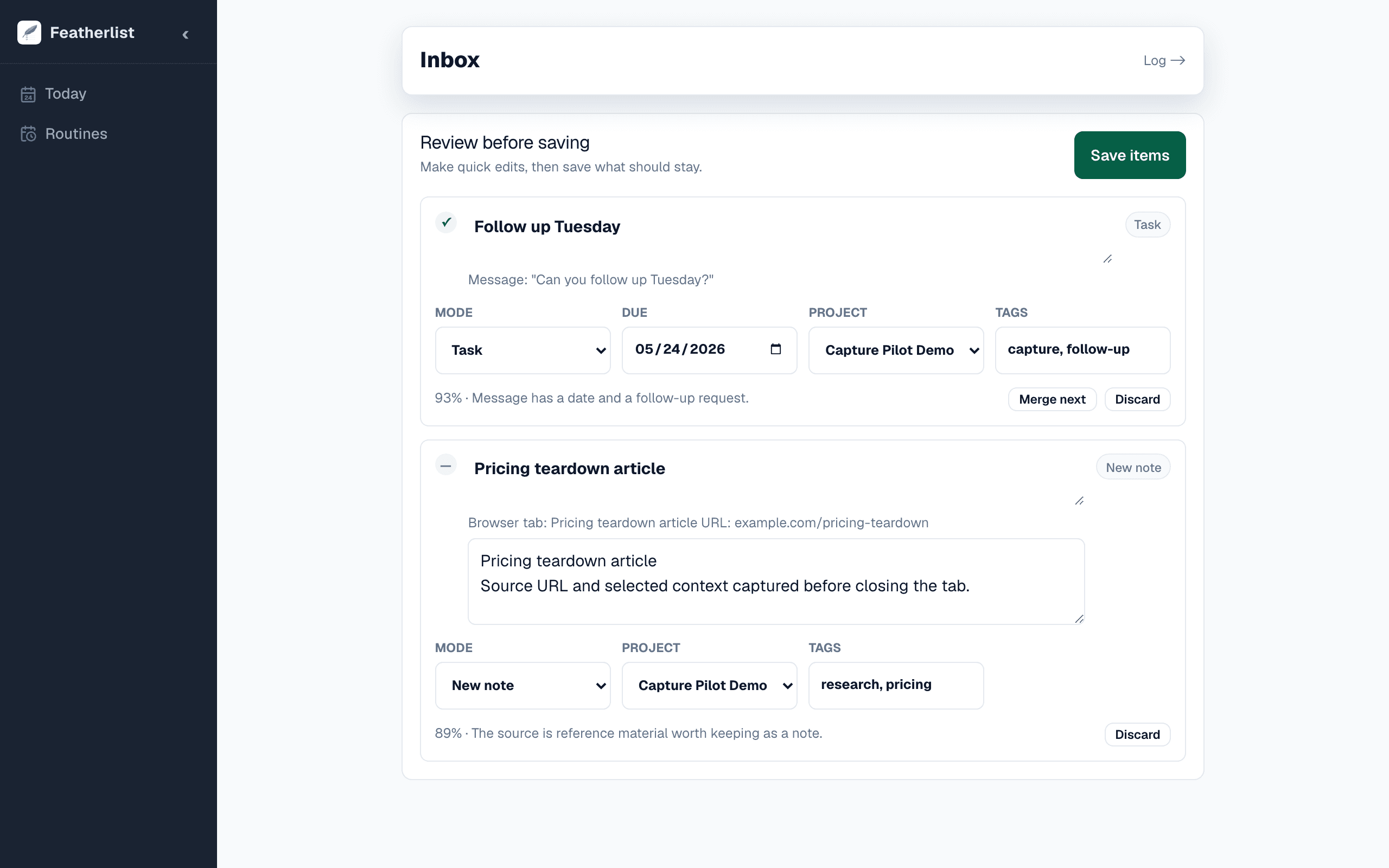 Featherlist review queue showing editable task and note suggestions before save