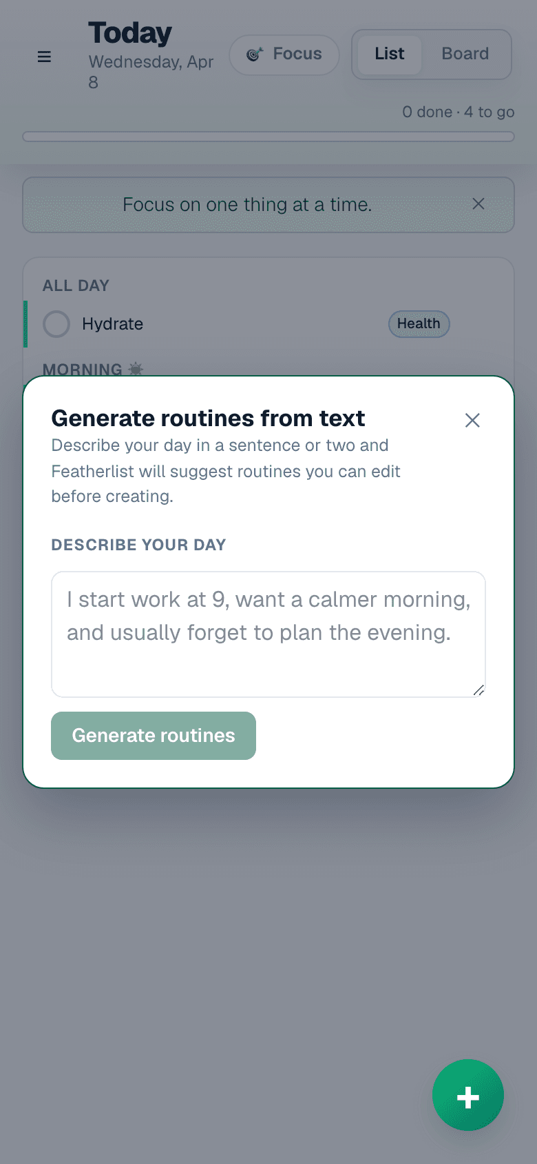 Featherlist AI routine onboarding modal suggesting routines from a short text description