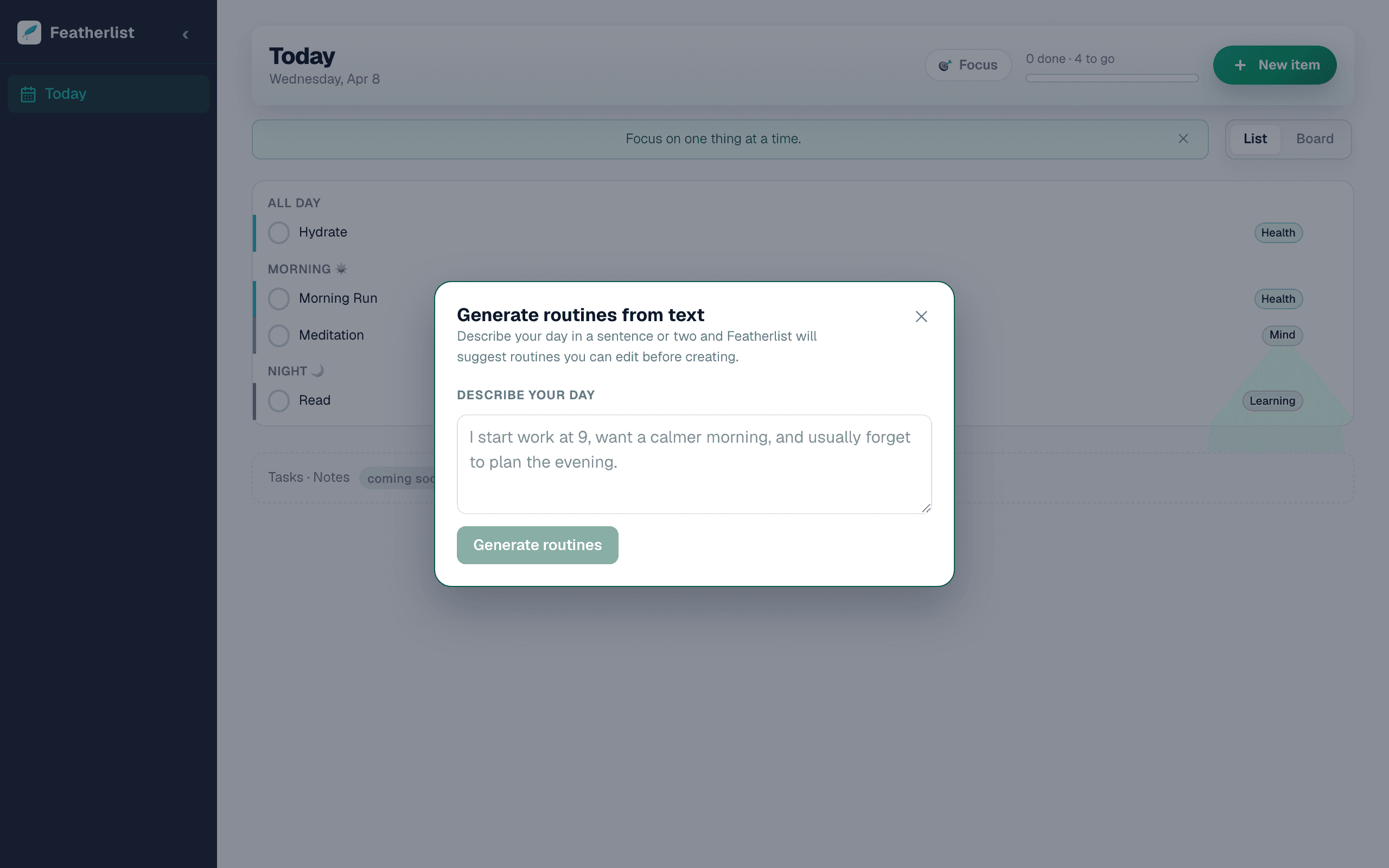 Featherlist AI routine onboarding modal suggesting routines from a short text description