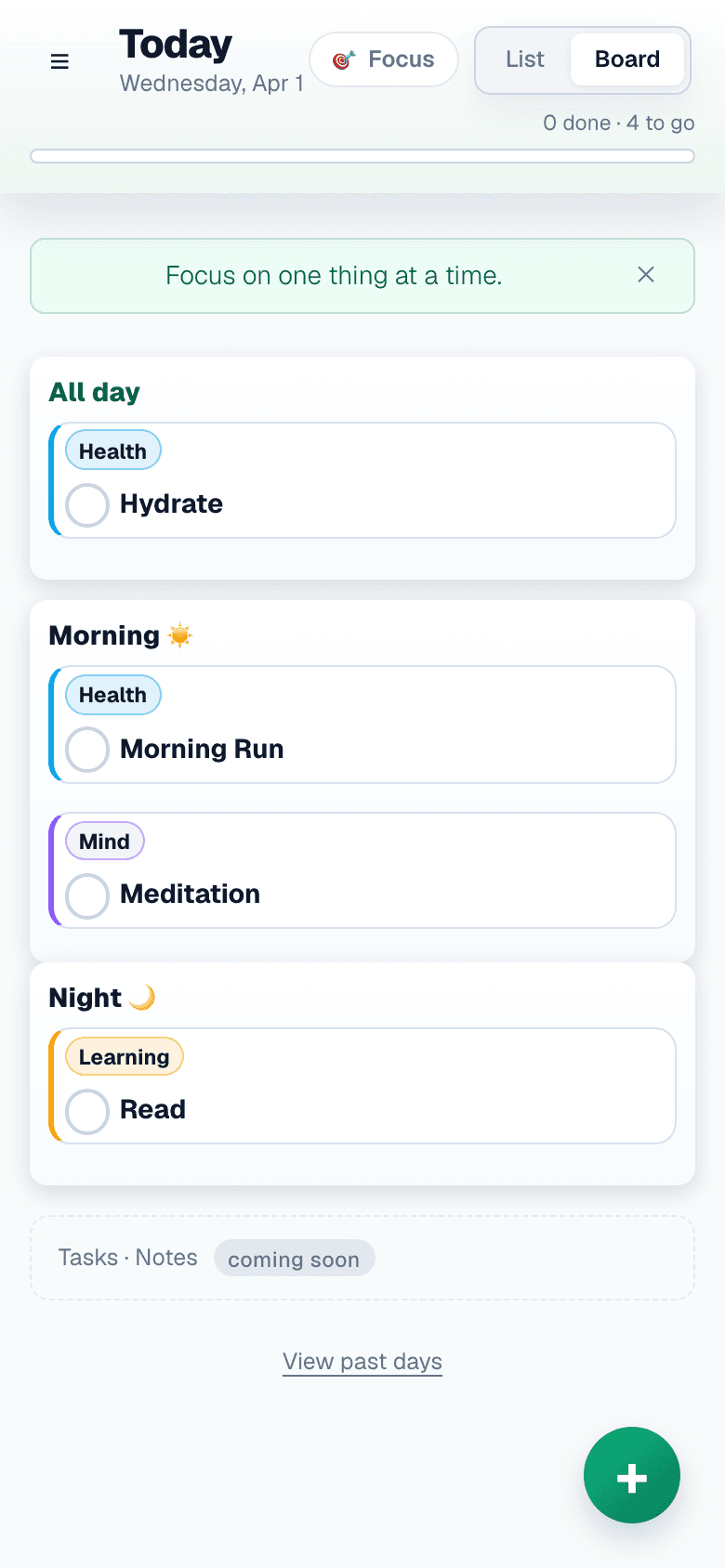 Featherlist board view showing habits organized in columns by time slot