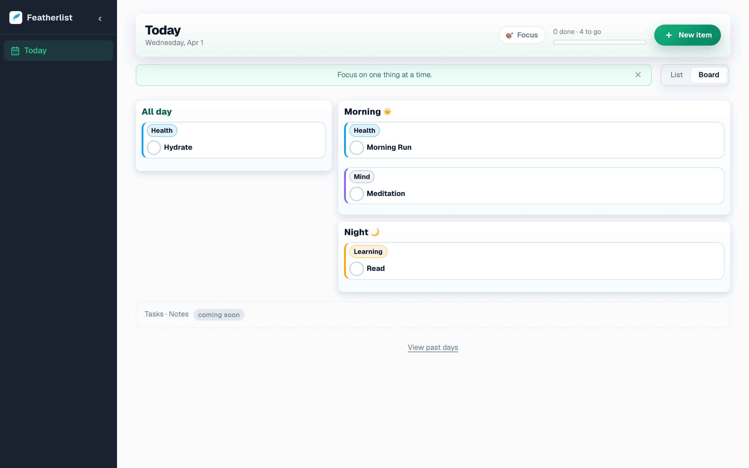 Featherlist board view showing habits organized in columns by time slot