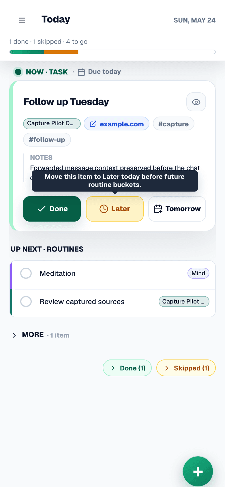 Featherlist Today view showing a captured task with context and follow-through actions
