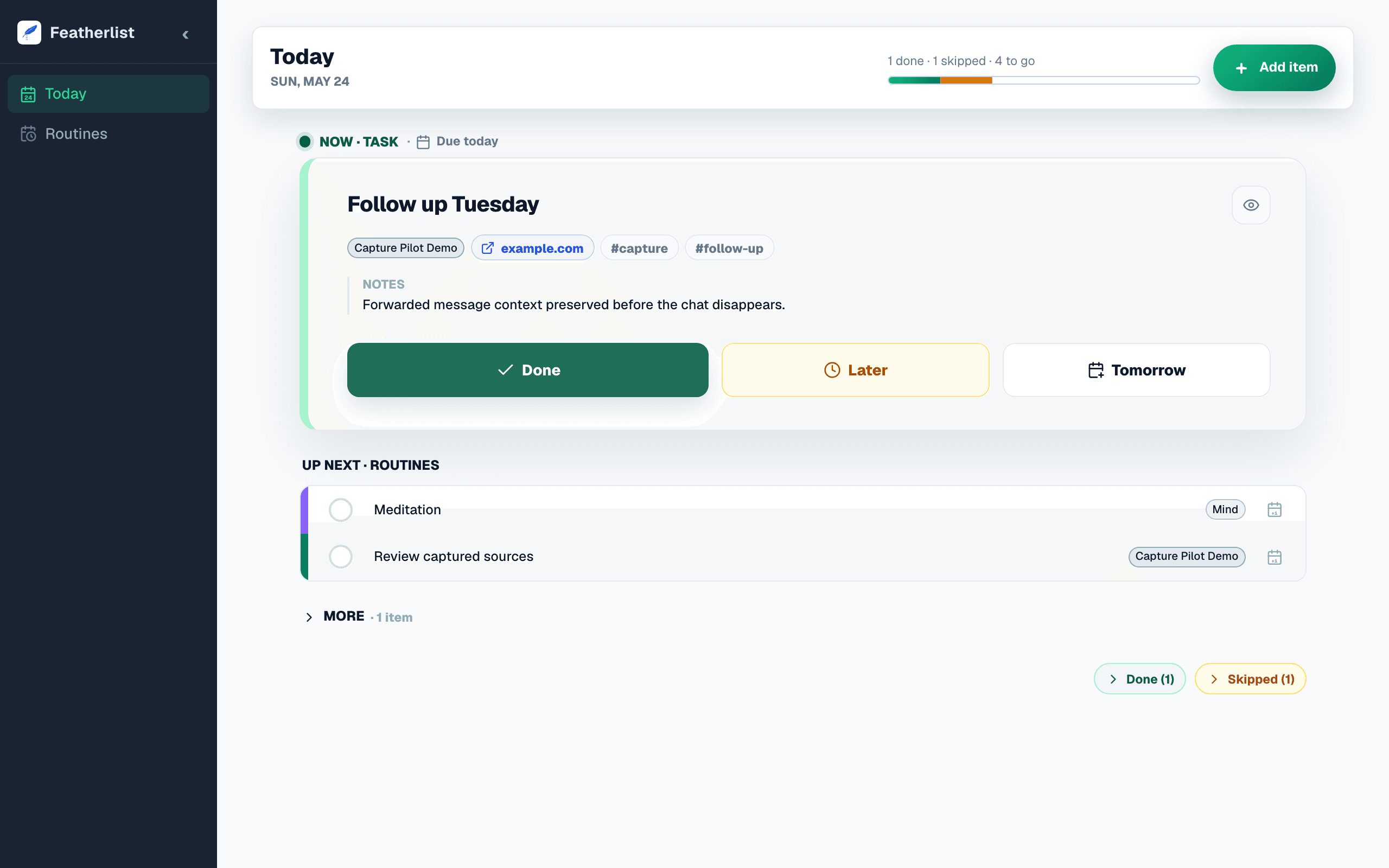 Featherlist Today view showing a captured task with context and follow-through actions