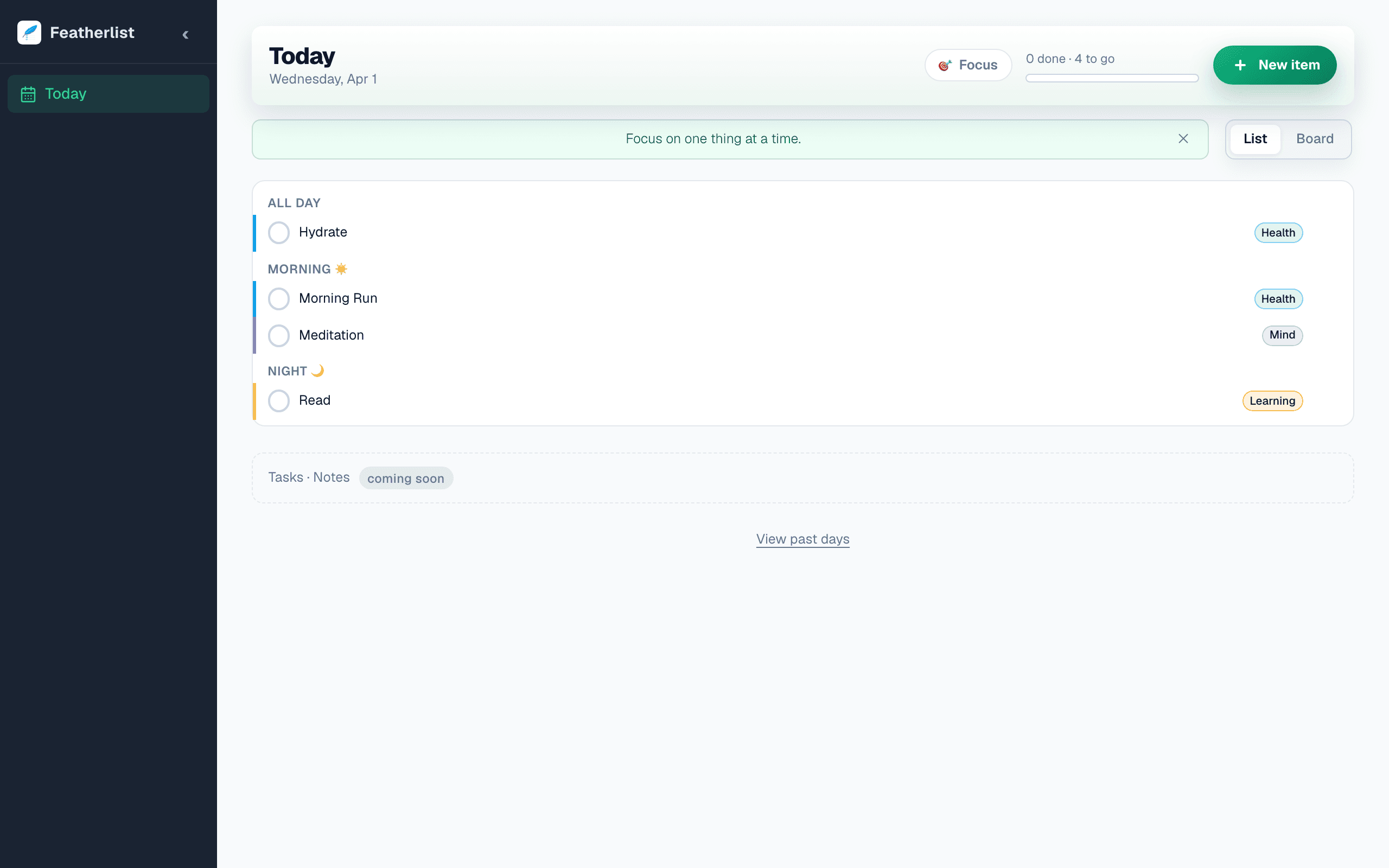 Featherlist today view