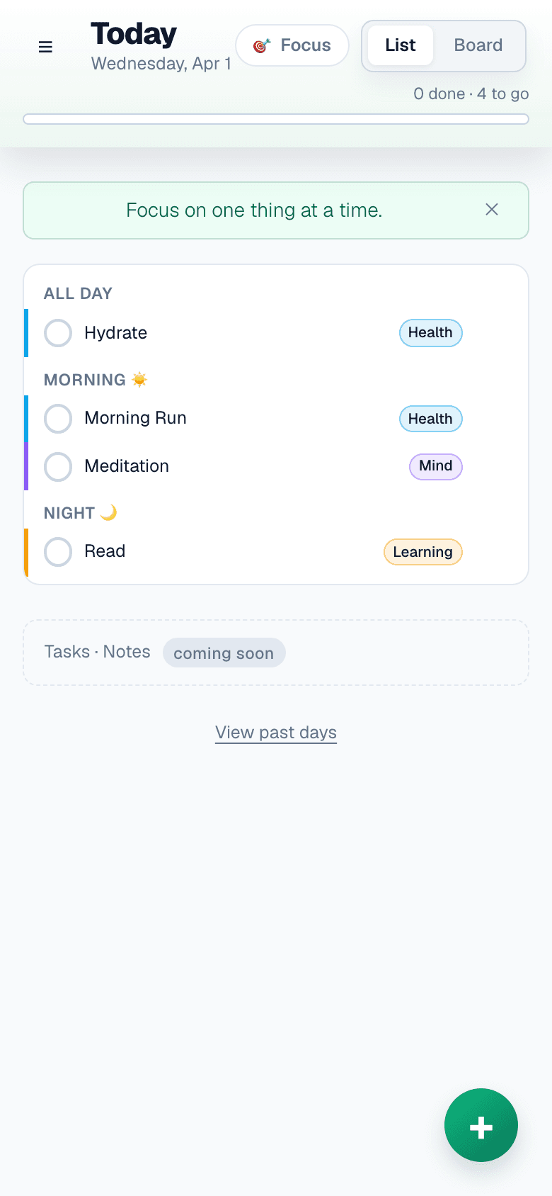 Featherlist today view showing habits organized by time slot with project color badges